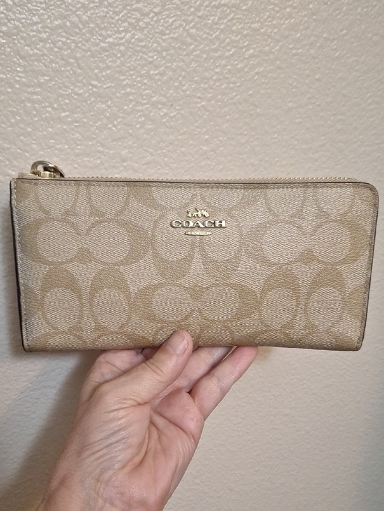 Coach Handbags - Coach Beige Signature Zip Wallet with Gold Logo